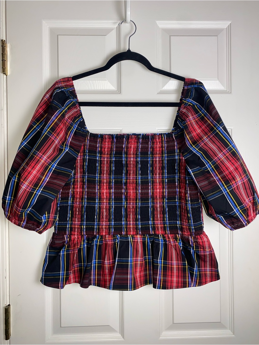 Draper James Red and Black Plaid Smocked Puff-Sleeve Top